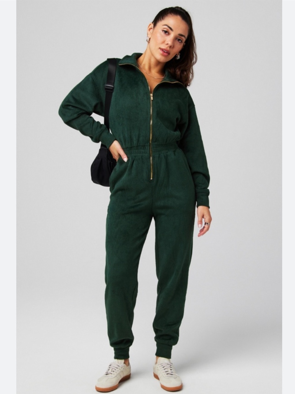 Fabletics Forest Green Cozy Cord Fleece Zip Front Jumpsuit Women’s L